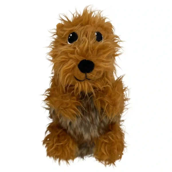 Fluffy brown dog plush toy with black eyes