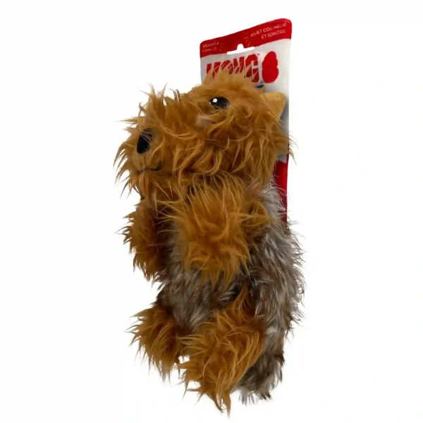 Furry dog toy with packaging displayed.