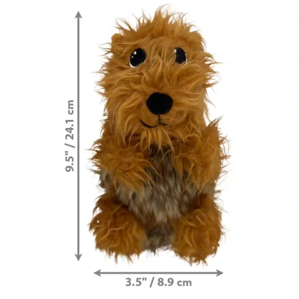 Fluffy brown dog puppet with size dimensions.