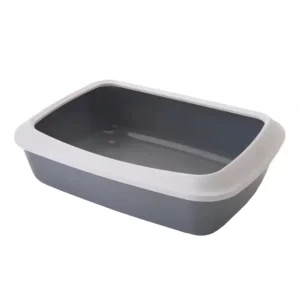 Gray plastic cat litter box.