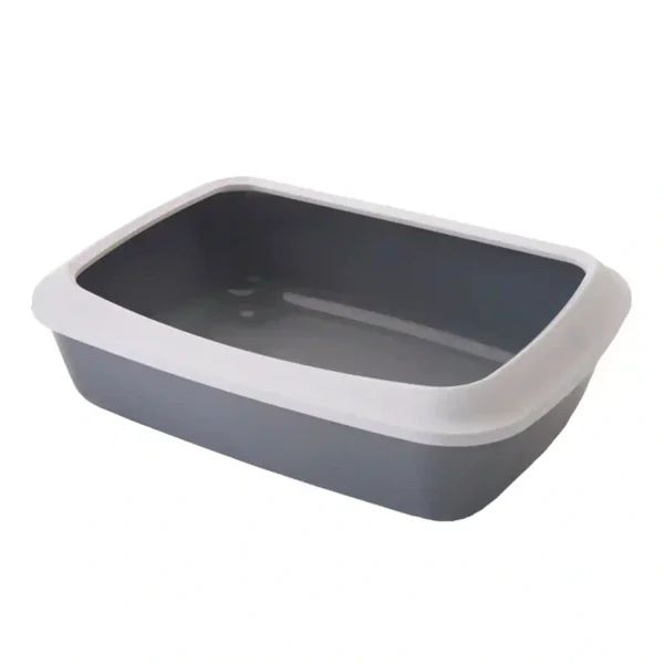 Gray plastic cat litter box.