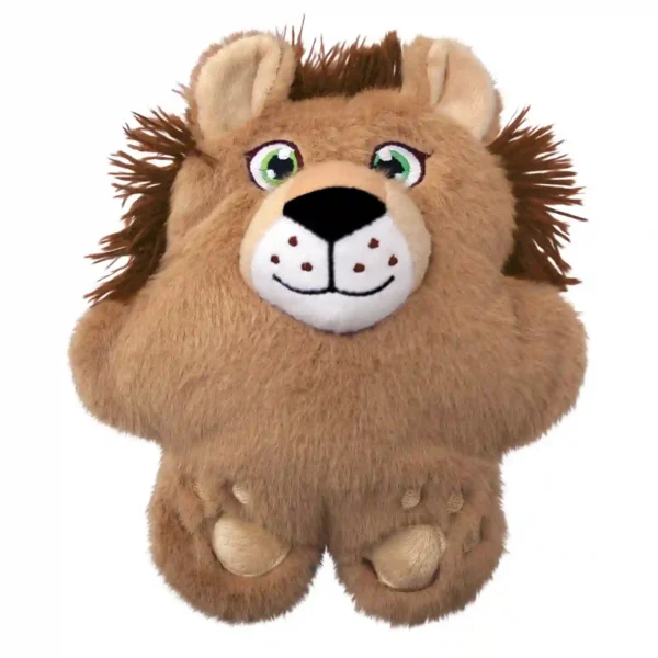 Cute plush lion toy with green eyes.