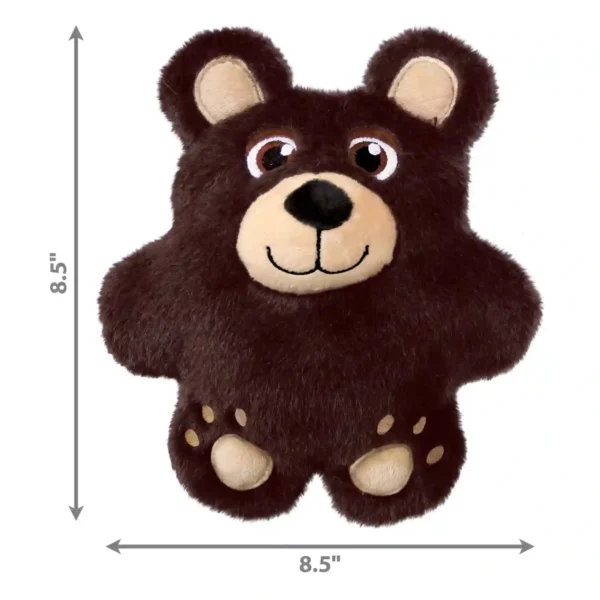 Brown plush bear toy with size dimensions.