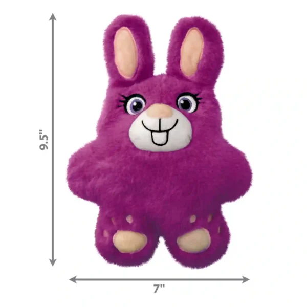 Purple plush bunny toy with dimensions
