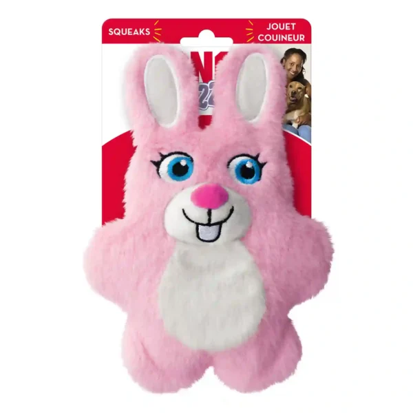 Pink plush bunny dog toy with squeaker.