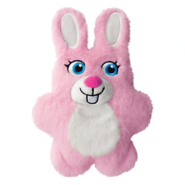 Cute pink plush bunny with big blue eyes.