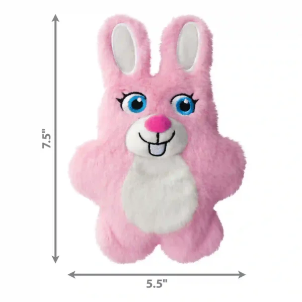 Pink plush bunny toy with measurements