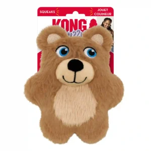 Plush dog toy with smiling bear design.