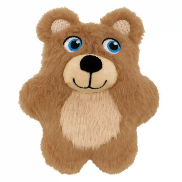 Smiling plush teddy bear with big blue eyes.