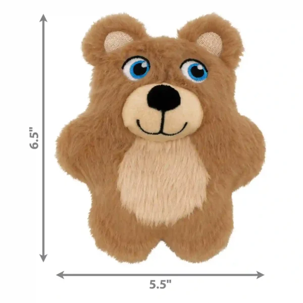 Brown plush bear with blue eyes and dimensions.
