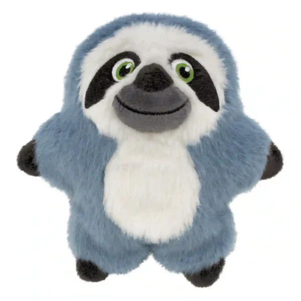 Cute plush sloth toy with green eyes.