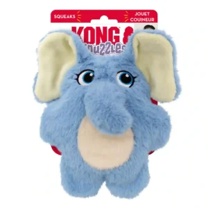 Blue plush elephant dog toy, squeaky and soft.