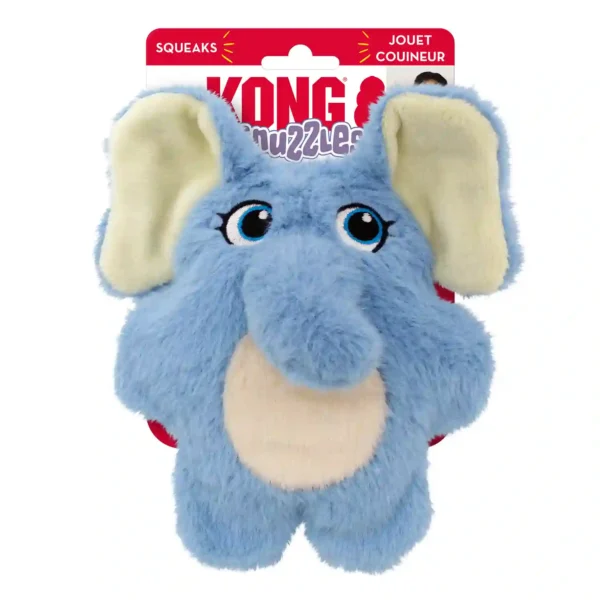 Blue plush elephant dog toy, squeaky and soft.