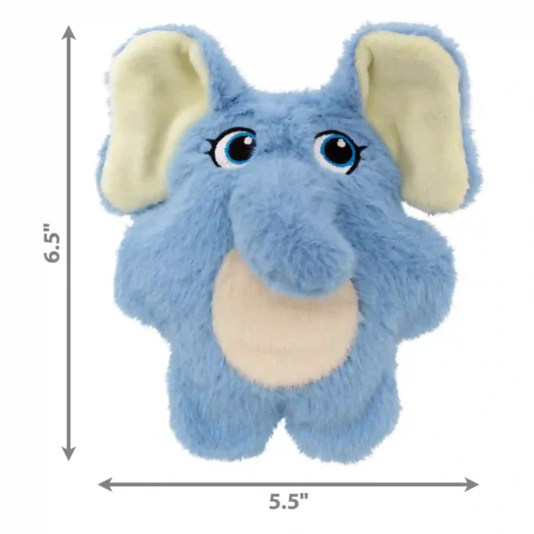 Blue elephant plush toy, dimensions 6.5 by 5.5 inches.