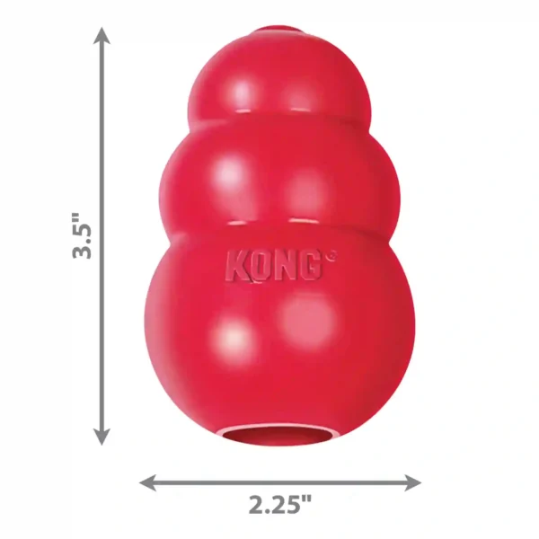 Red KONG dog toy with dimensions 3.5x2.25 inches.
