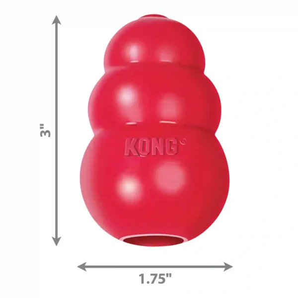 Red KONG dog toy dimensions: 3x1.75 inches.
