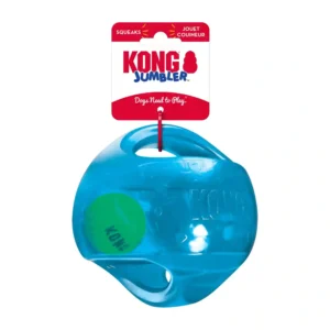 KONG blue squeaky dog toy with tennis ball.