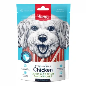 Wanpy dog treats, chicken and codfish jerky.