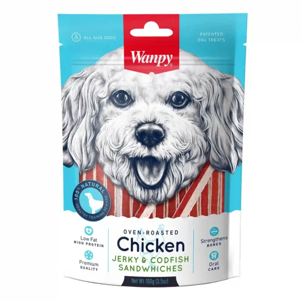 Wanpy dog treats, chicken and codfish jerky.