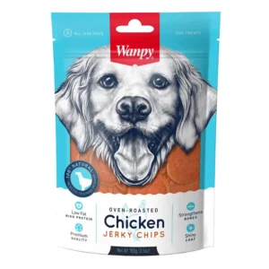 Wanpy chicken jerky chips dog treats packaging.