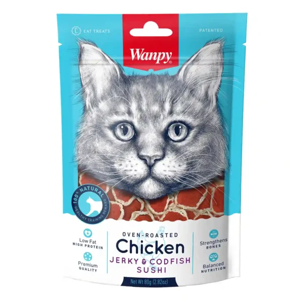 Wanpy cat treats with chicken and codfish flavor.