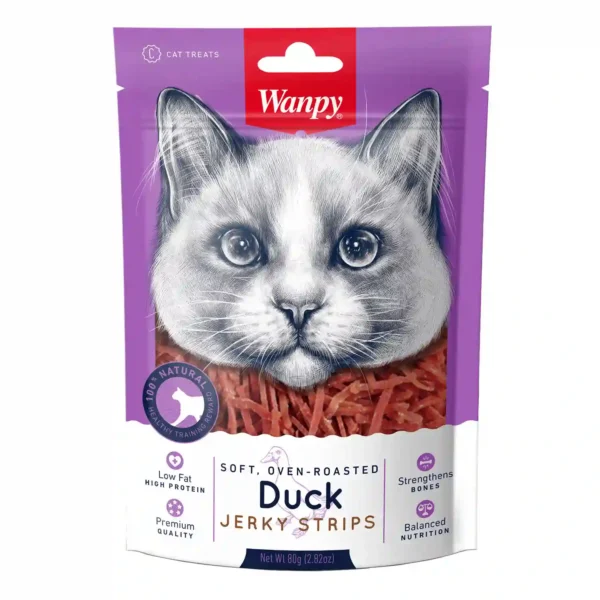 Cat treats with duck jerky strips.