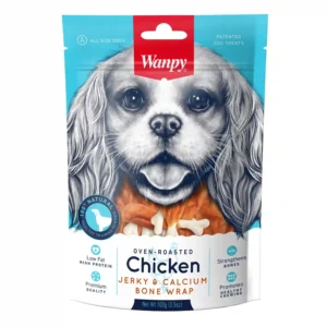 Wanpy dog treats, chicken jerky calcium bone wrap.