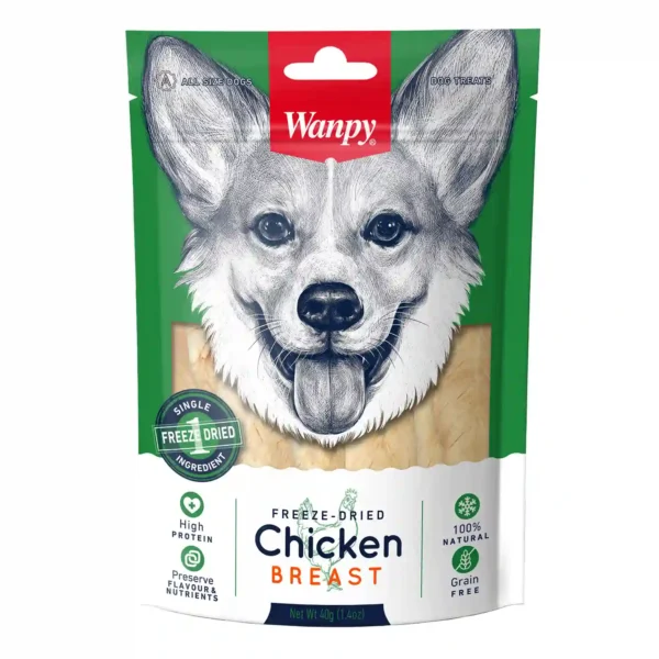 Wanpy freeze-dried chicken dog treats package with dog illustration.