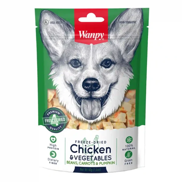 Wanpy freeze-dried chicken and vegetable dog treats.
