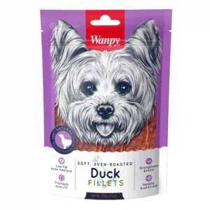 Wanpy dog treats, soft oven-roasted duck fillets.