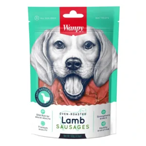 Dog treat packaging for lamb sausages.