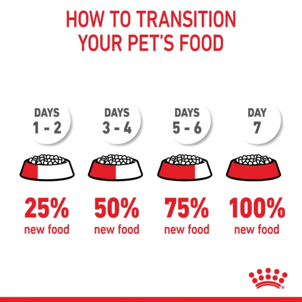 Guide for transitioning pet food gradually in a week.