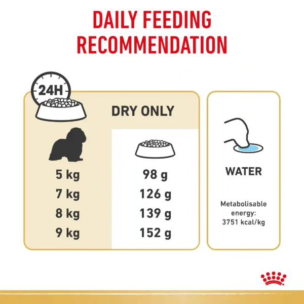 Dog feeding guide with daily dry food amounts.