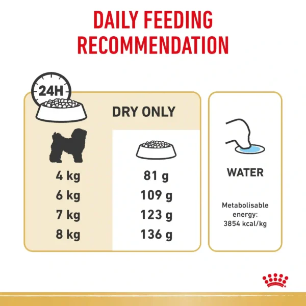 Dog feeding guidelines for different weights.