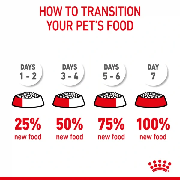 Pet food transition guide over 7 days.