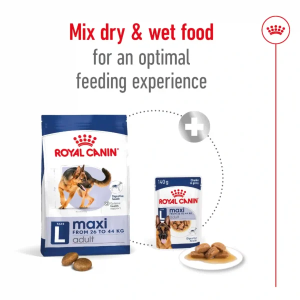 Royal Canin dog food packaging, dry and wet mix.