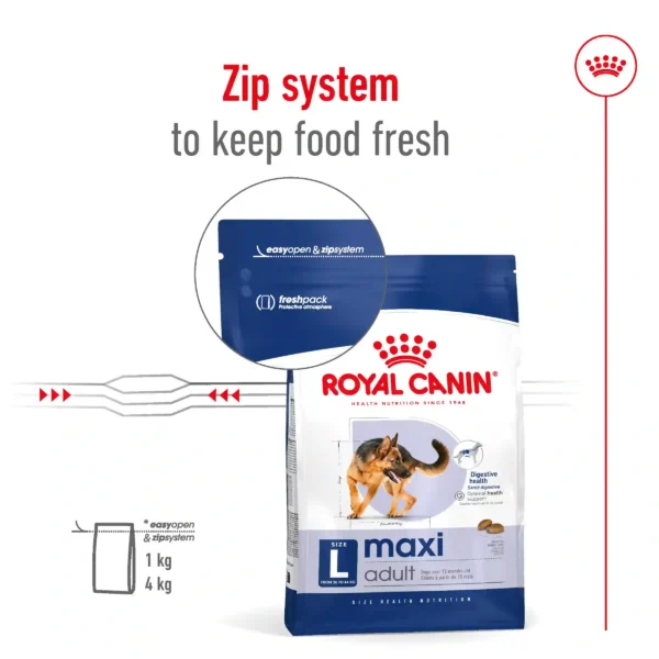 Royal Canin dog food with zip system packaging.