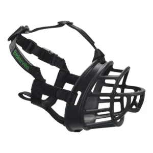Black adjustable dog muzzle with straps.