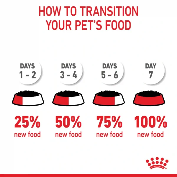 Pet food transition guide over seven days.