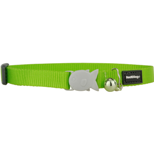 Green cat collar with fish charm and bell.