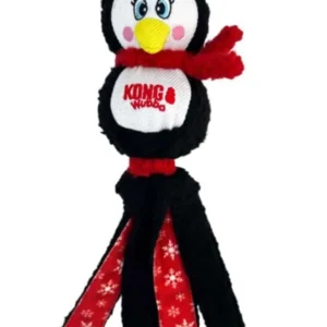 Penguin plush toy with red scarf and flaps.