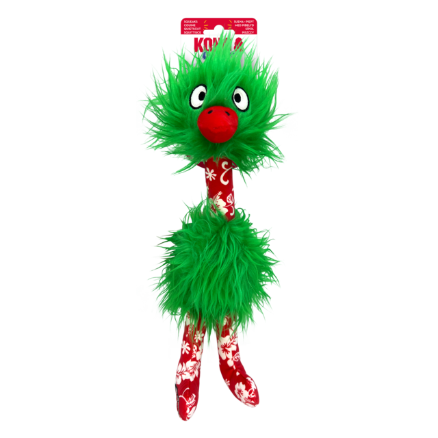 Green plush bird dog toy with red festive legs.
