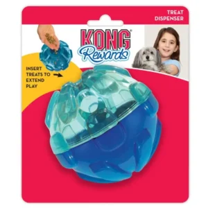 KONG treat dispenser with treats and a pet.