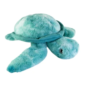 Fluffy green turtle plush toy on white background.