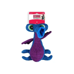 Purple and blue plush dog toy with packaging.