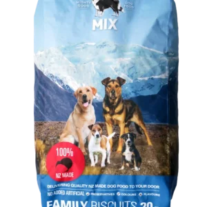 Mighty Mix dog food bag with mountain background.
