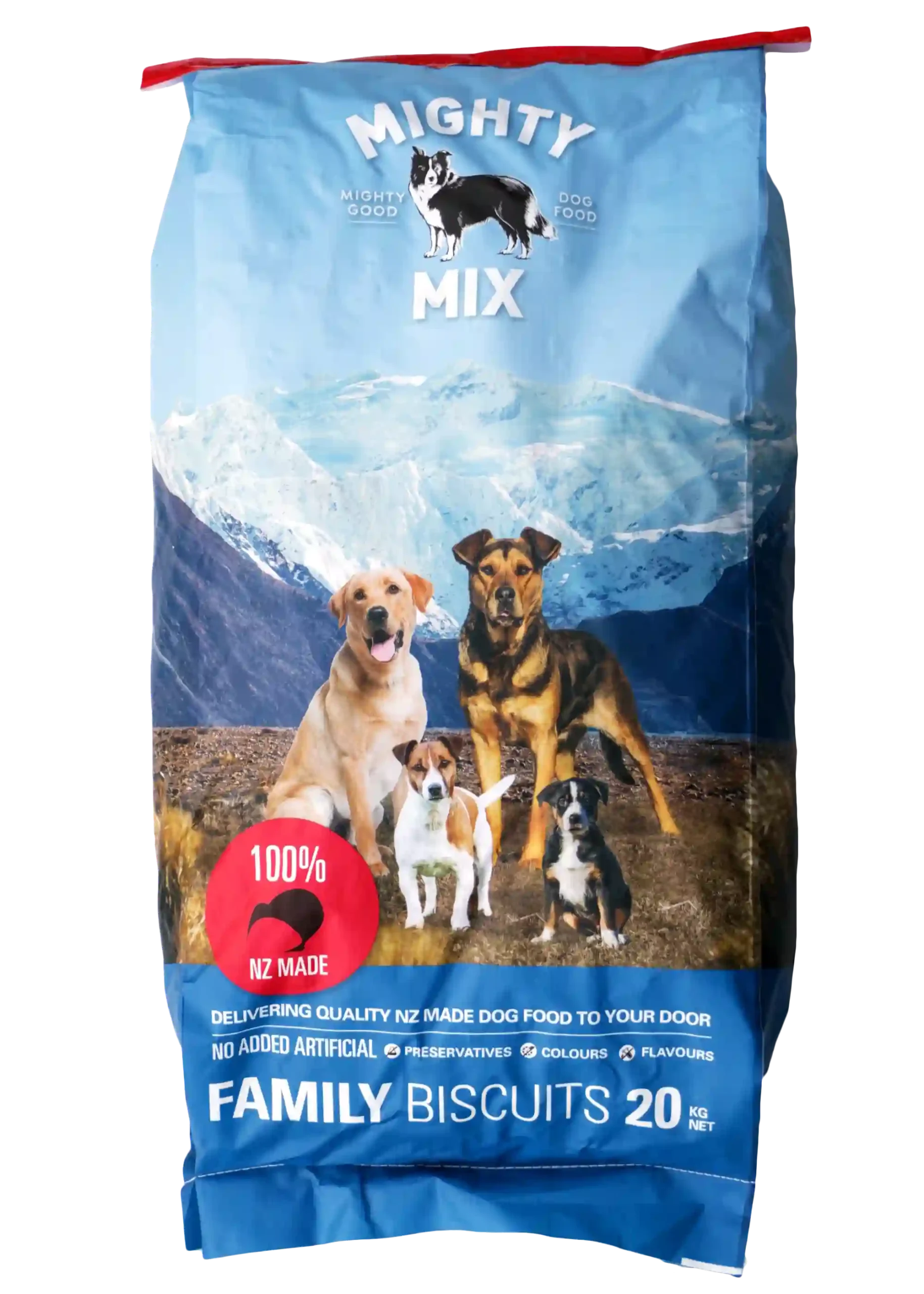 Mighty Mix dog food bag with mountain background.