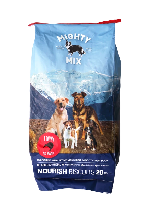 Mighty Mix dog food bag, mountain background, dogs image.